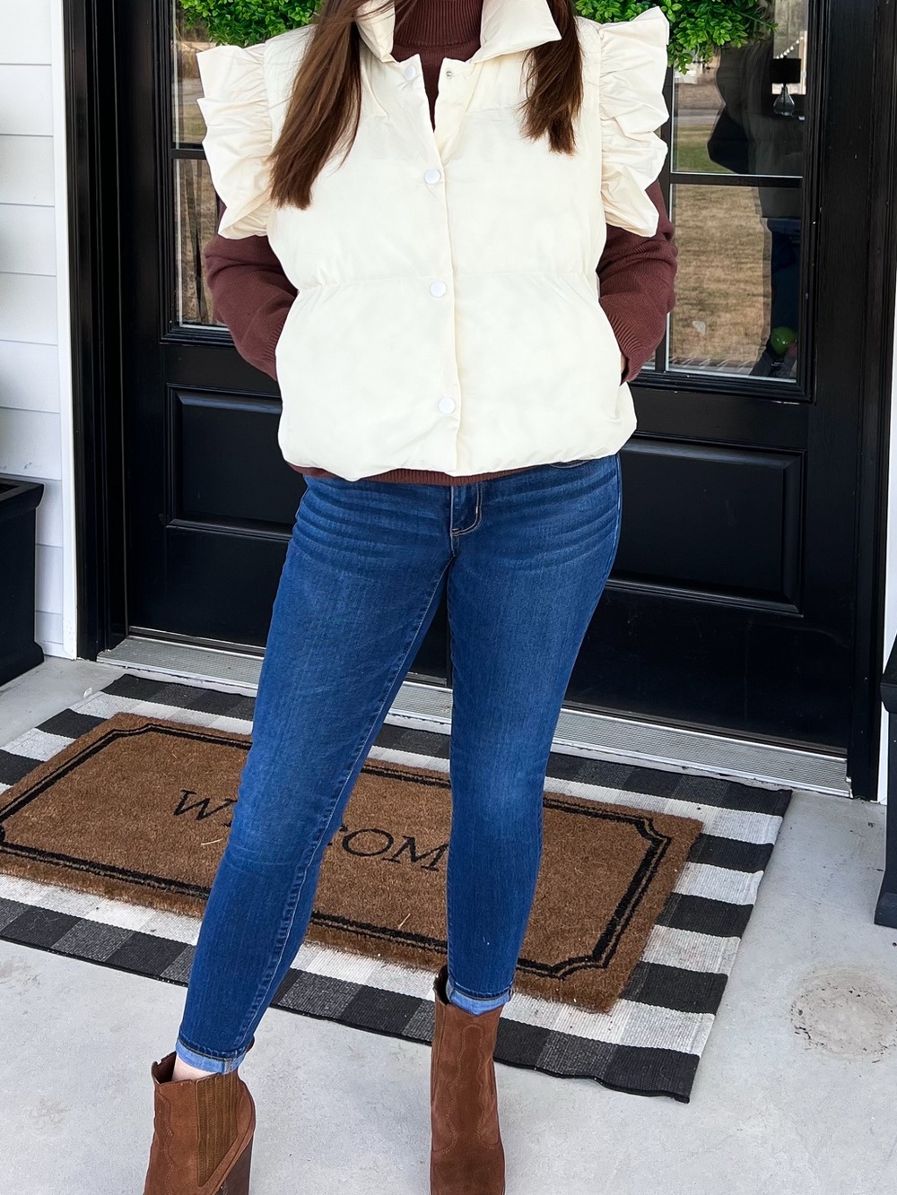 Women's Cropped Cream Puffer Vest with Ruffle Sleeves